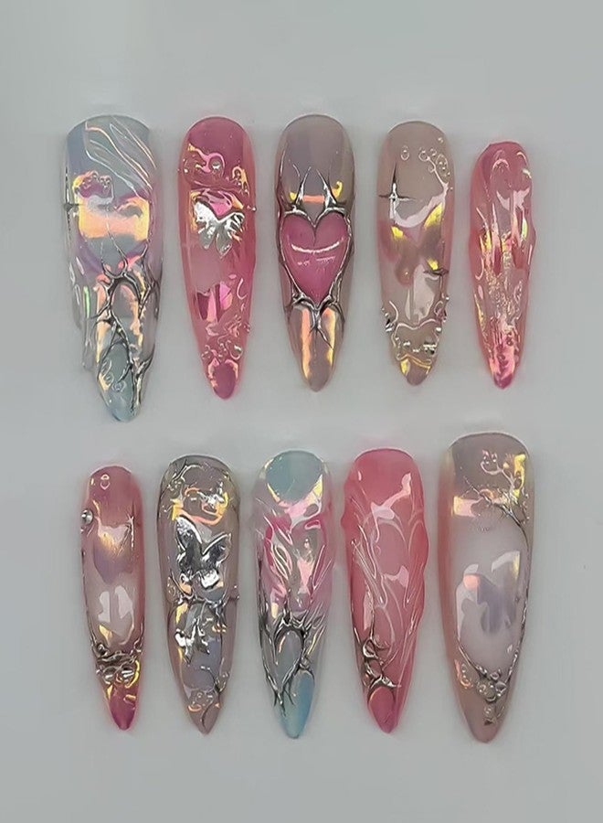 OSTTMA Medium Press on Nails Heart Fake Nails Almond Shaped 3D Metallic Style False Nail Silver Pink Blue Glossy Chrome Heart Butterfly Glue on Nails Reusable Artificial Fingernails for Women,24Pcs - Image 1